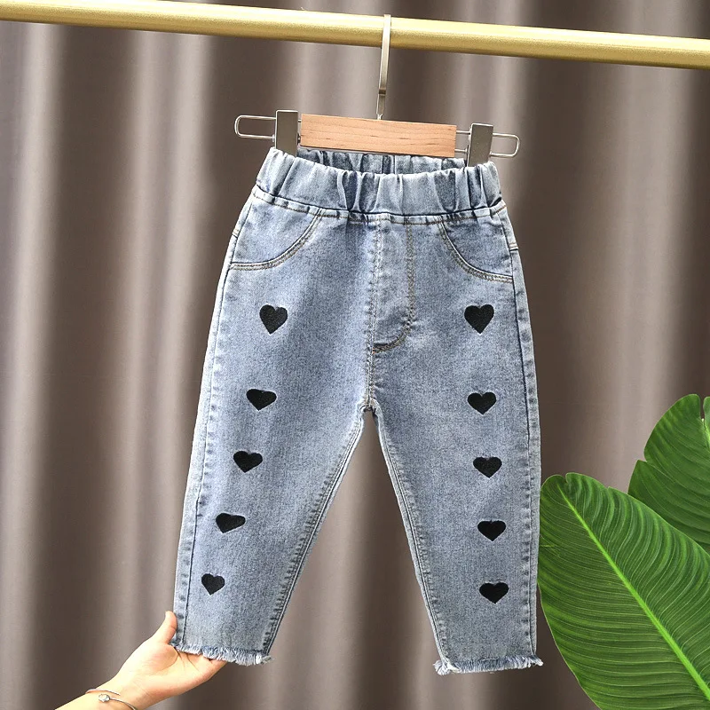 Calça jeans infantil de perna reta solta, roupa de bebê menina, roupa de exterior, calça jeans que combina com tudo, primavera