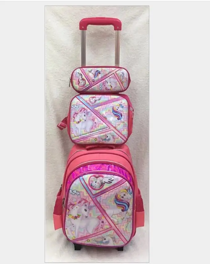 Mochila escolar com rodinhas para meninas, conjunto de bolsa escolar com rodinhas para estudantes e crianças