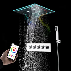 Stainles Steel 304 16inch 40cm Square Bluetooth Music LED Shower Head Panel Set Spray Rainfall Steam Thermostatic Mixer Faucet