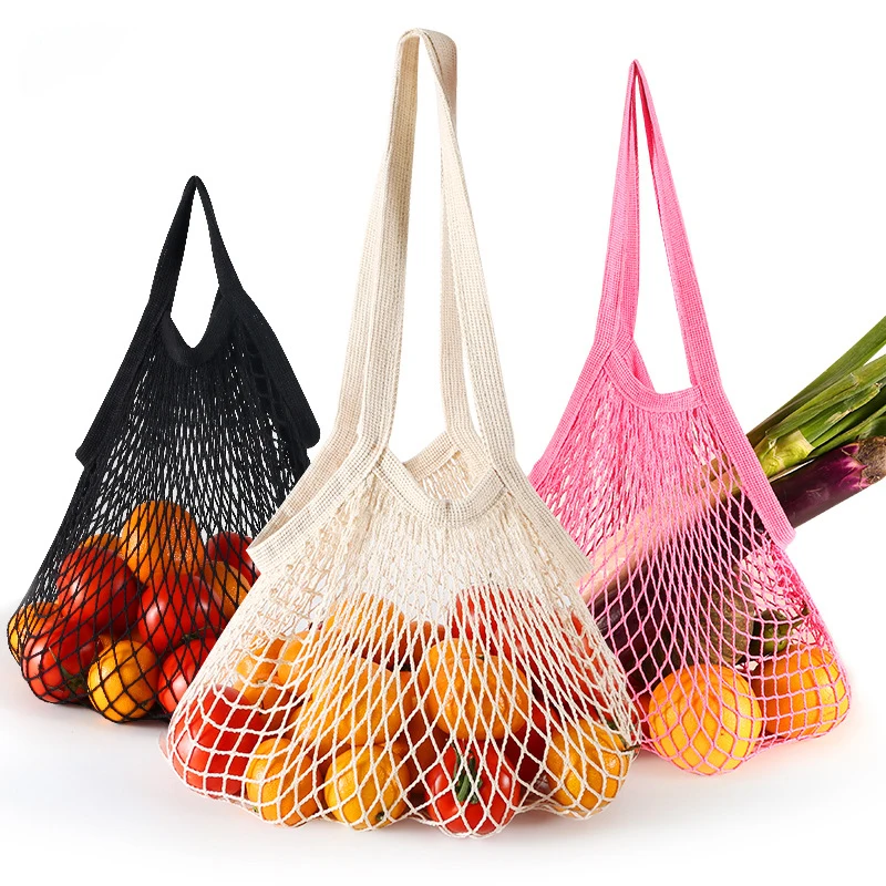 Portable Reusable Grocery Bags for Fruit Vegetable Bag Cotton Mesh String Organizer Handbag Short/Long Handle Net Shopping Bags