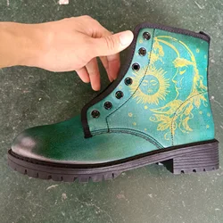 2021 Autumn And Winter New 3D Printed Moon And Sun Comfortable Lace-up Flat-bottomed Large Size Women's Boots, Cyan & Black