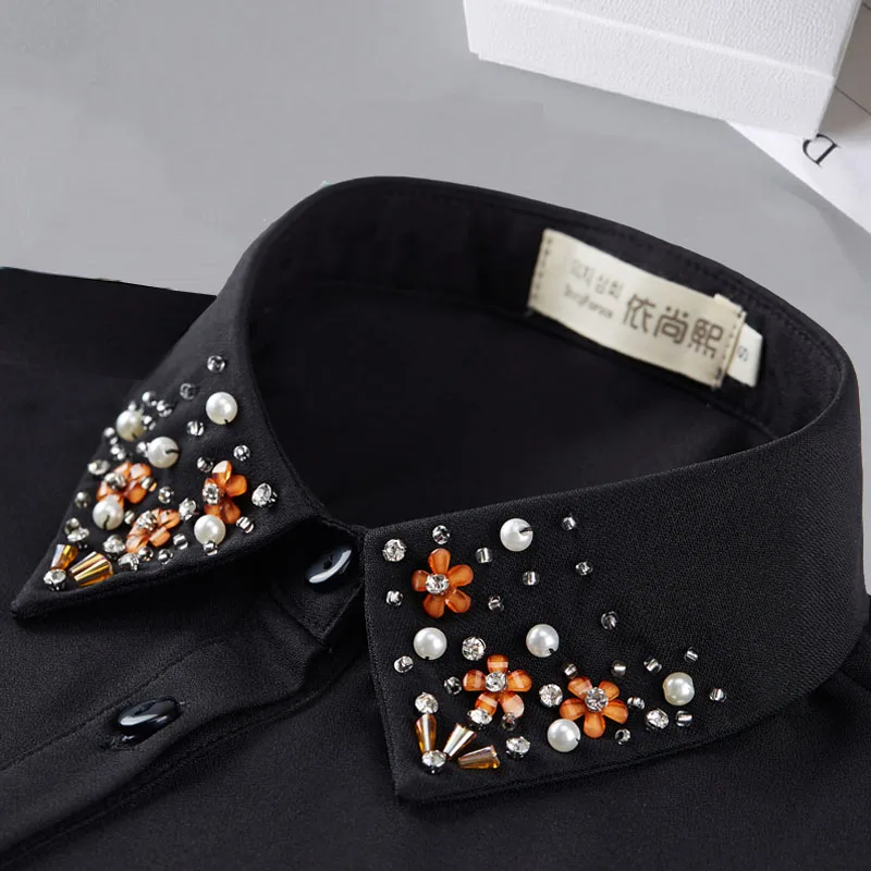 

Fashion Beaded Fake Collar Women Detachable Collars Black False Collars Woman Removable Chiffon Half Shirt Tie Nep Kraagie