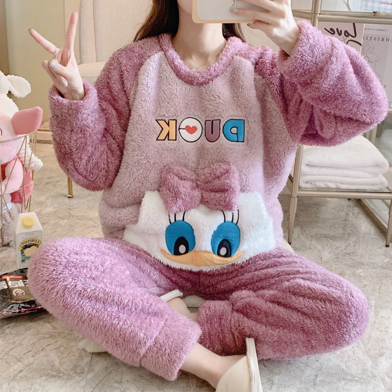 Pajamas Female Coral Velvet Autumn And Winter Sweet Flannel Thickened Plush Loose Oversize Home Clothes Set pajama sets