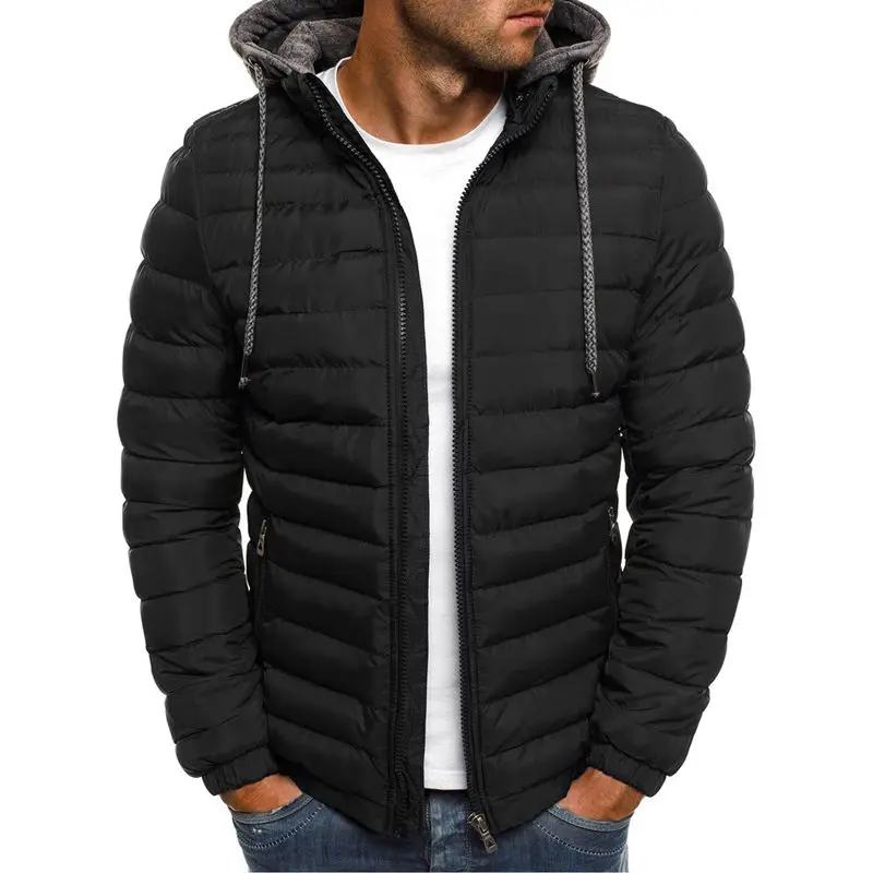 Winter Cotton Men\'s Down Jacket Hooded Long Sleeve Cardigan Zipper Pockets Solid Thick Fashion Casual Down Jacket