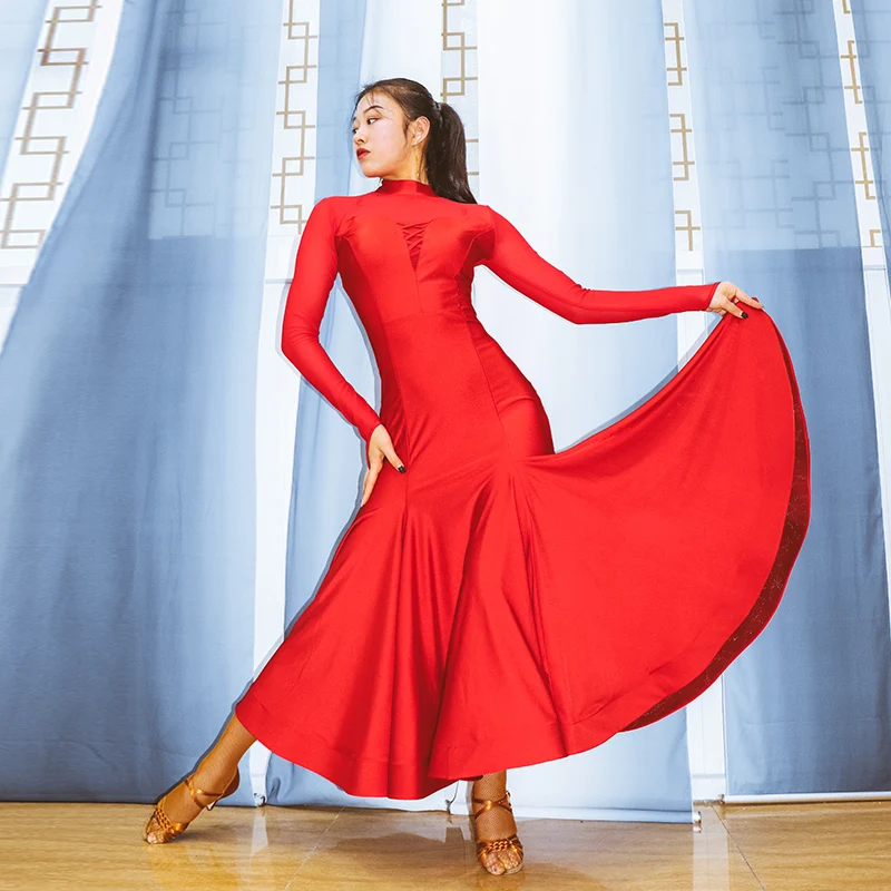 Vestidos de competición de baile de salón para mujer, traje de actuación de Tango, Vals, negro/rojo/azul, vestidos de salón de manga larga VDB503