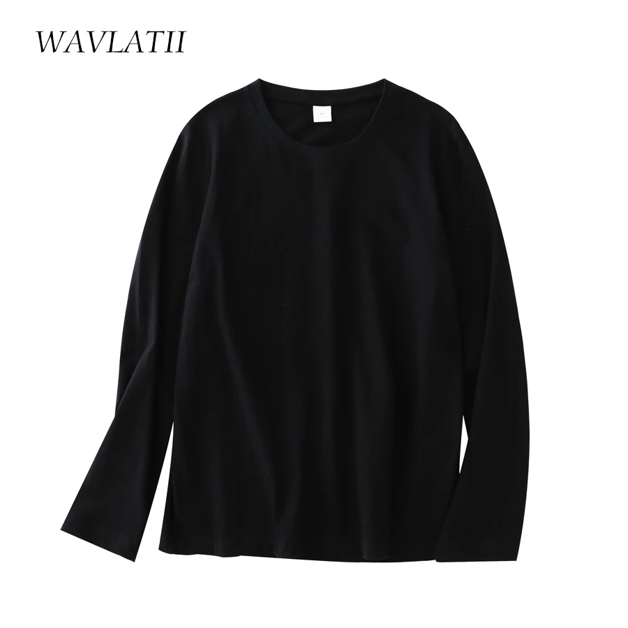 WAVLATII New 2021 Women Long Sleeve Tshirts Female Black White 100% Cotton Tees Lady Soft Basic Tops for Spring Autumn WLT2101