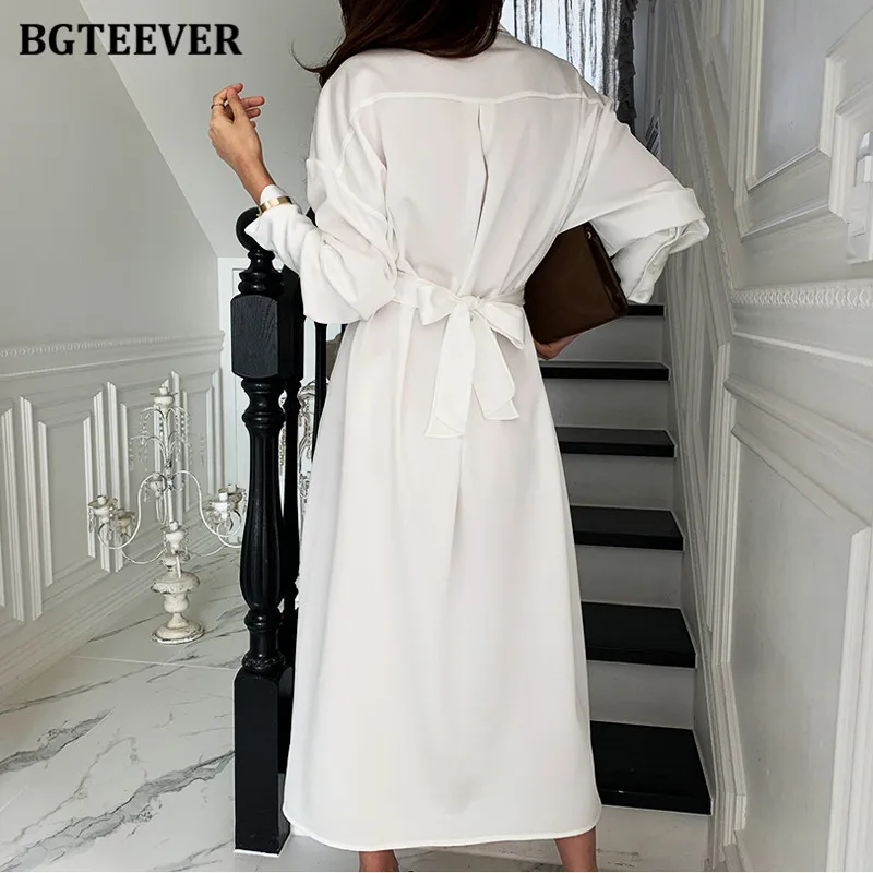 BGTEEVER Summer Turn-down Collar Women Midi Dress Full Sleeve Single-breasted Female Shirt Dress Ladies Side Split Solid Vestido