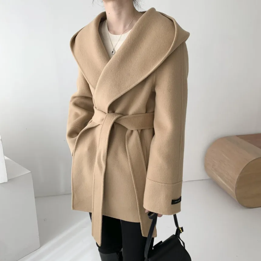 Comelsexy Autumn Winter OL Elegant Women Faux Wool Coats Solid Cardigan Minimalist Hooded Woolen Coat Oversize Outwear With Belt