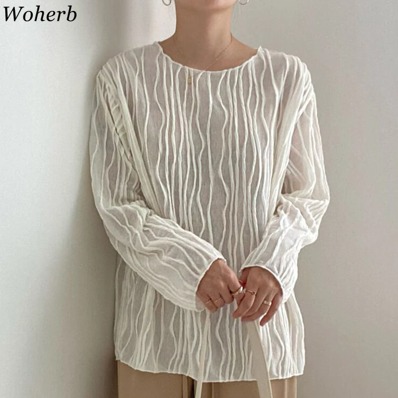 Woherb Frauen Tops Herbst Oansatz Falten Design Durchscheinende Bluse Koreanische Chic Fashion Casual Alle Spiel Lange Ärmeln Hemd