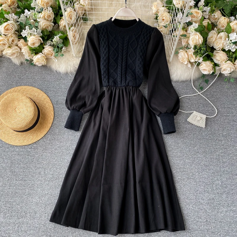 Elegant Solid Women Dress Fashion Korean Splice Knitted O Neck Puff Sleeve Dresses Autumn Streetwear A-line Dress 2020