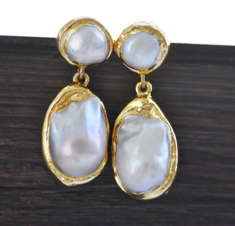 Z10237 27mm White Baroque Keshi Pearl gold-plating Dangle Earring view 3