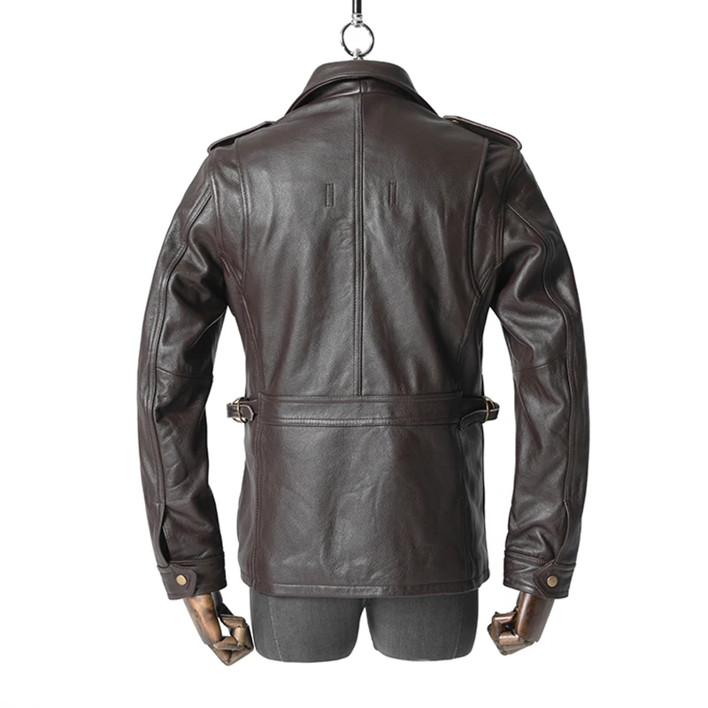 Hunting Leather Jacket Top Cowhide Medium Long Coat M65 Military Brown Lapel Slim Fit Outdoors Travel Sports Combat Windbreaker