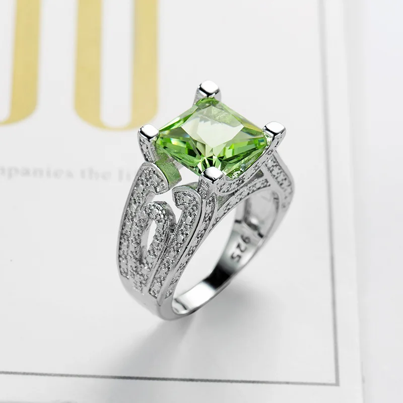 Luxury Female Big Crystal Green Ring Silver Color Wedding Rings for Women Bridal Square Zircon Jewelry Girlfriend Gift