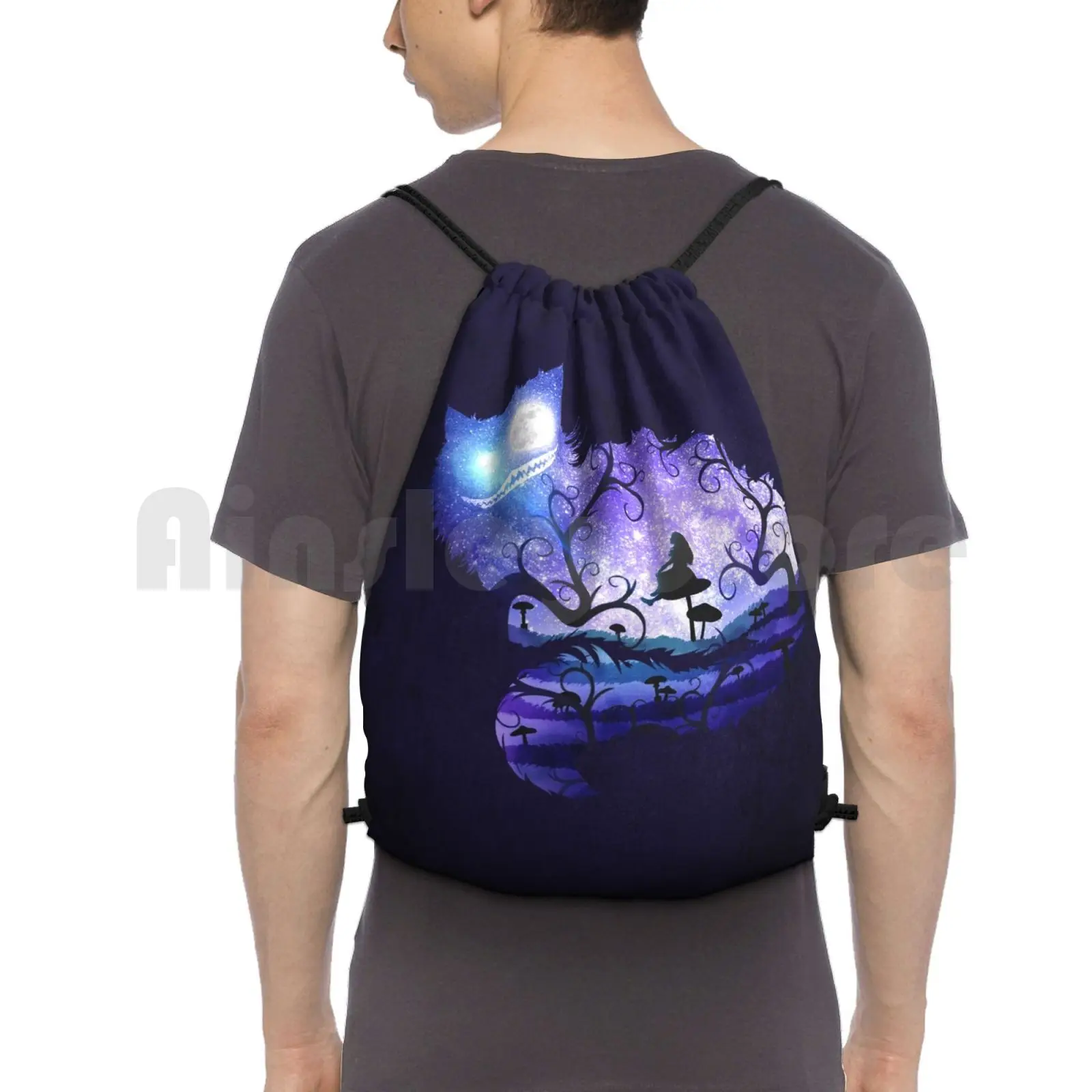 

We Are All Mad Here Backpack Drawstring Bags Gym Bag Waterproof Designstudio Purple Cat Mad Cheshire Alice Dream Fantasy