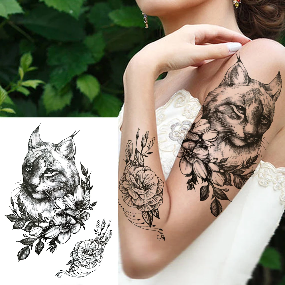 Tribal Wolf Deer Flower tymczasowy tatuaż dla kobiet mężczyzn dorosłych fałszywy kot tygrys tatuaż naklejki czarny zwierząt Tatto Totem Armband