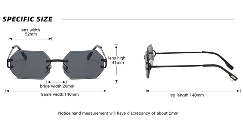 Kachawoo achteckige Sonnenbrille, randlos, Metall, für Herren, modische Sonnenbrille, für Damen, rechteckig, rahmenlos, blau, braun, rosa, europäischer Stil – Detail 4