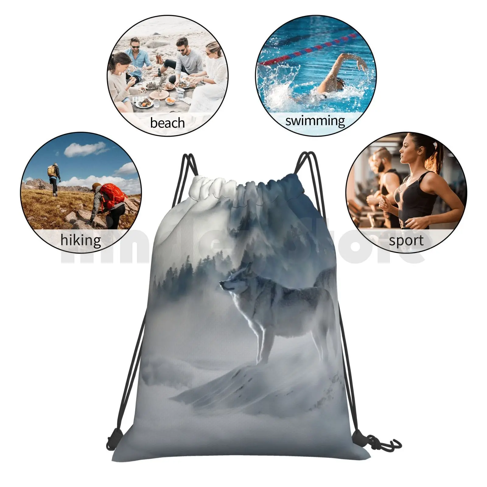 Wolf Pack-mochila con cordón para montar en gimnasio, bolsa de escalada, Lobo, Lobo, cartera, Bosque Nublado, nieve, Wolf Territory