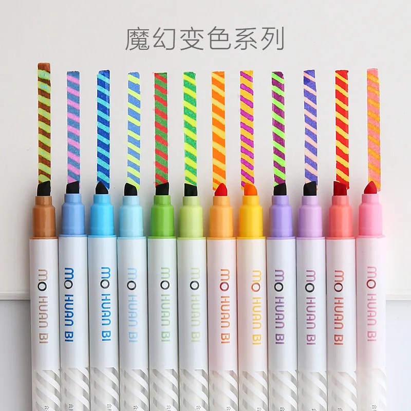 12 pcs/pack Fancy Discoloration Double-Headed Highlighters Art Markers Fluorescent Color Pen Fine Liner School Office Stationery