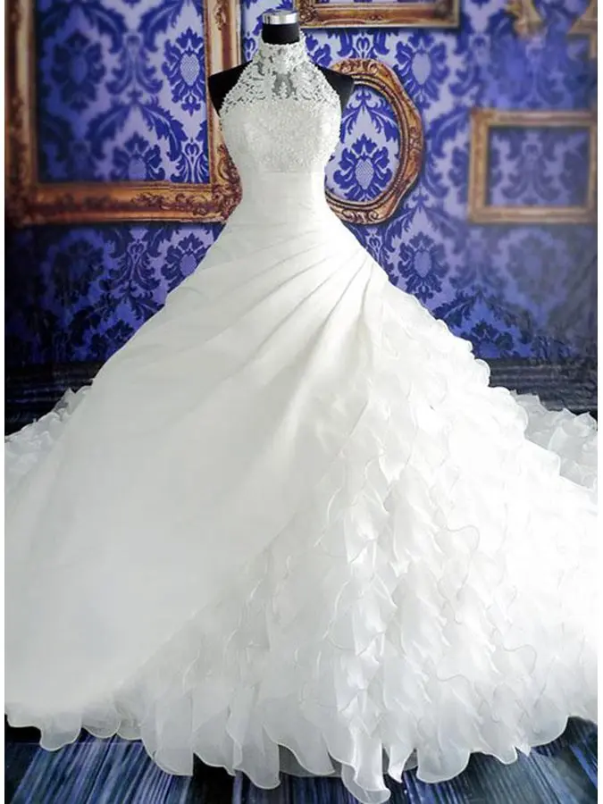 Robe de Mariée Personnalisée en Dentelle et Organza pour Femme, Tenue à Col Licou, avec Traîne, à Volants, pour Patients, Quelle que soit la Collection 2025