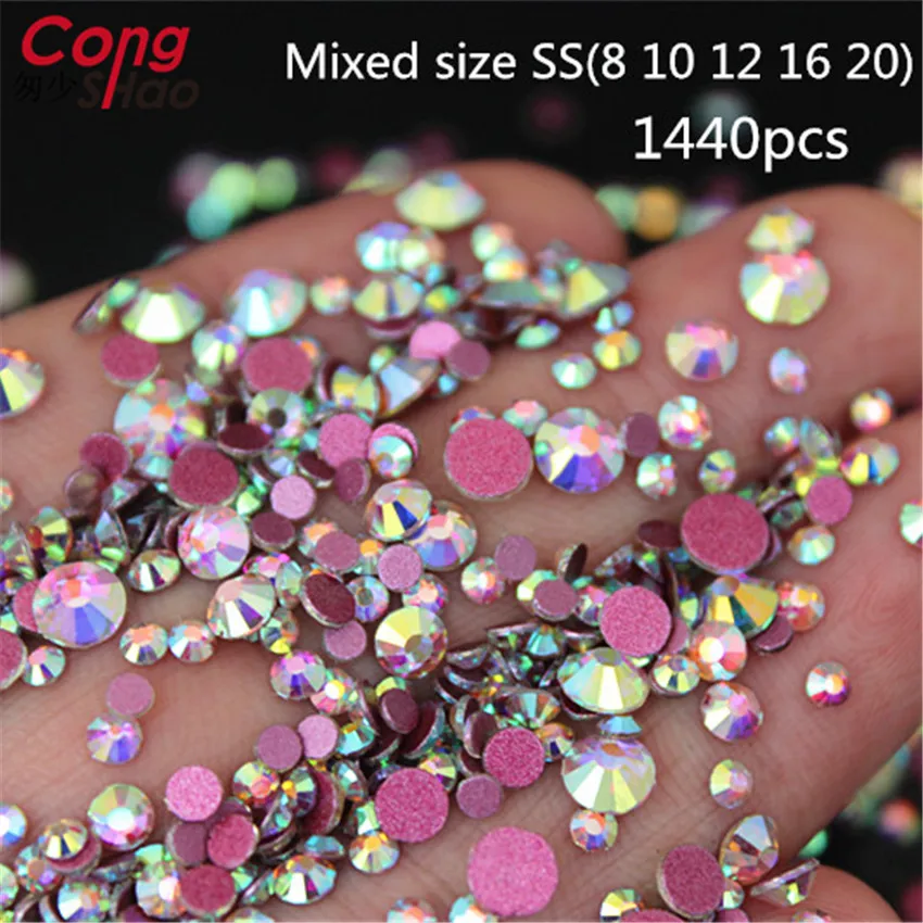 Cong Shao Mixed Size SS(8 10 12 16 20) AB Stone Glass Gem Clear AB 3D Nail Rhinestones,1440Pcs Flat Back Non Hotfix Crystal 8Y66