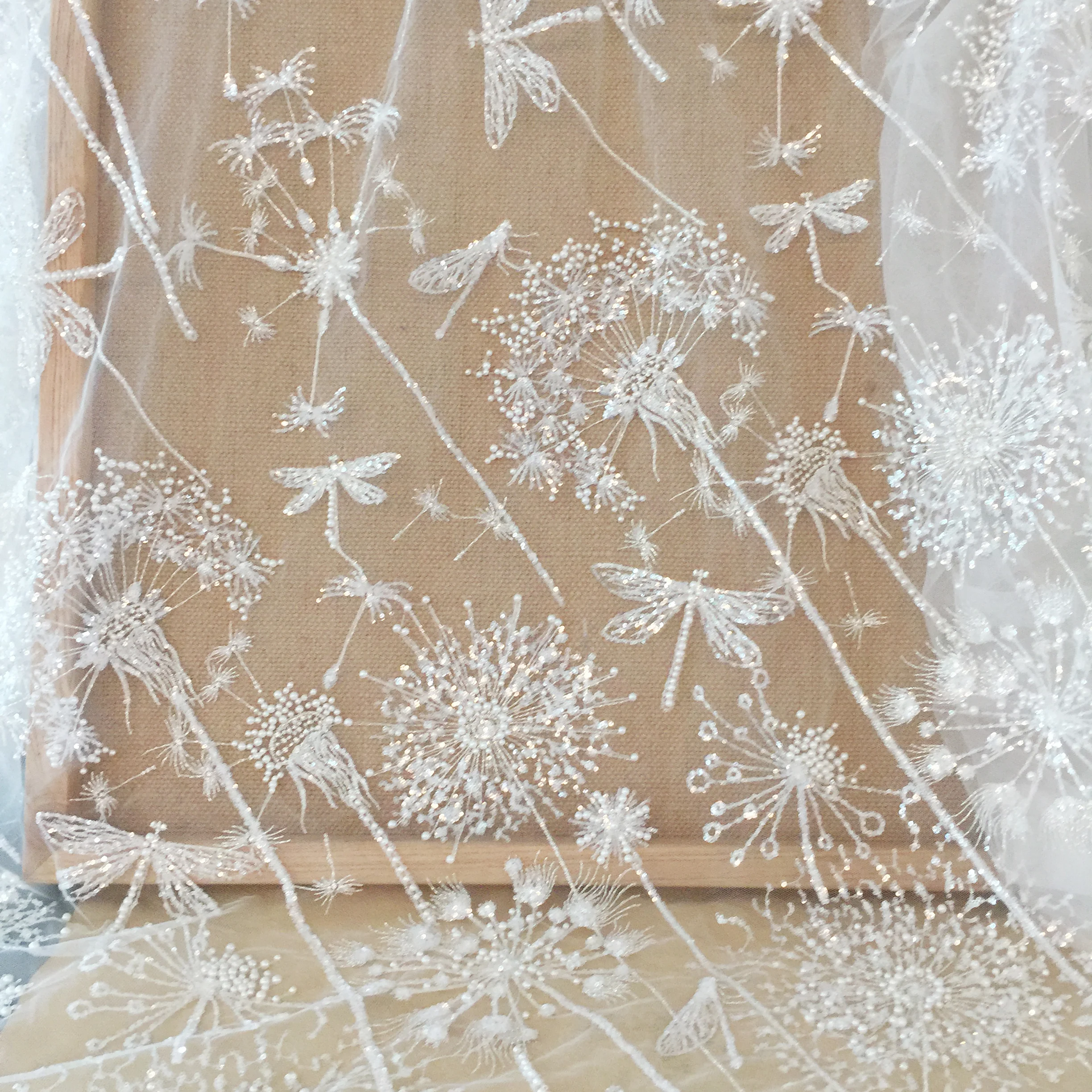 Ivory 3D Beaded Tulle Lace Fabric with Dandelion Dragonfly Haute Couture Weddiing Gown Beach Dress DIY Flower Fabric by Yard