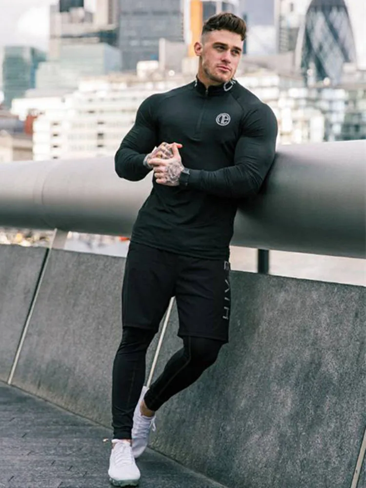 Men\'s Skinny Fitness 3 Pieces Sets Bodybuilding Cycling Stretch Tracksuits Tight Long Sleeve Sportswears+ 2 in 1 Leggings Pants