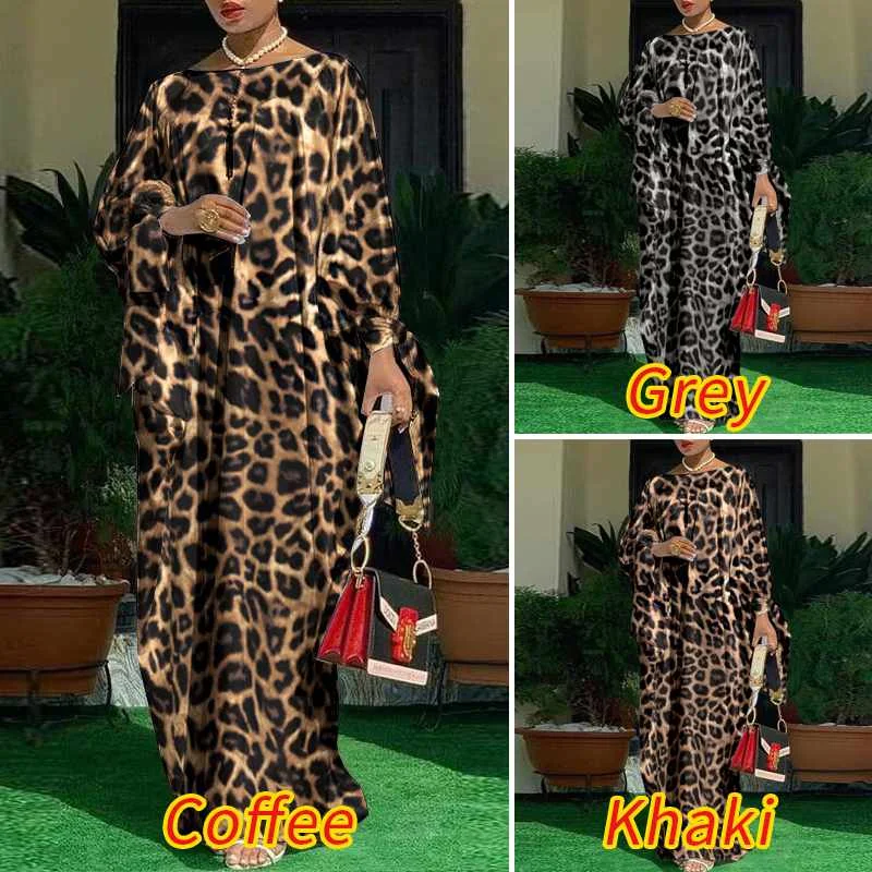 Women Kaftan Dress 2023 VONDA Summer Vintage Leopard Print Party Long Maxi Dress Casual Long Sleeve Pleated Robe Beach Vestidos