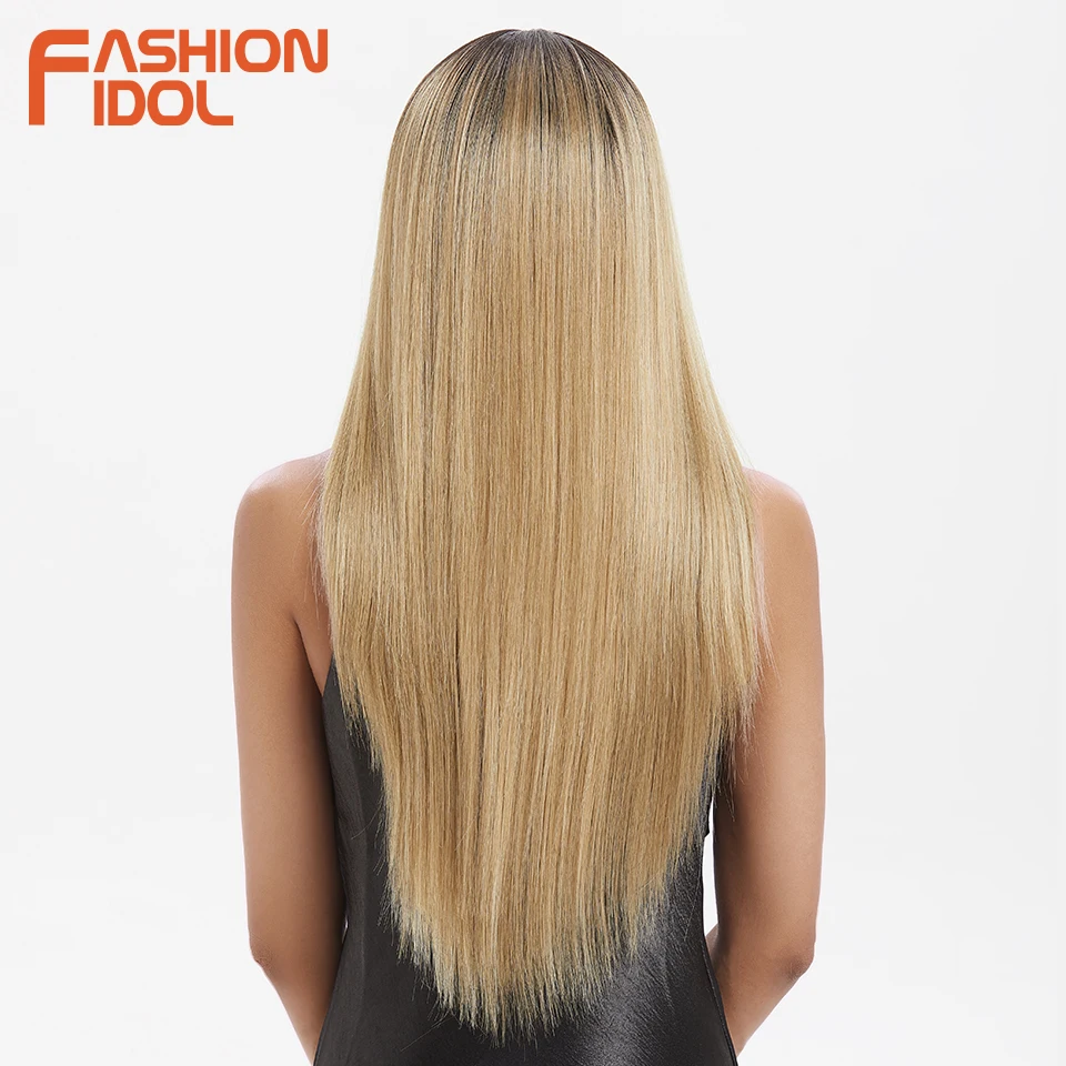 FASHION IDOL 4x4 Lace Front Wigs Straight Hair Synthetic Wigs 28 Inch Heat Resistant Fiber Hair Ombre Blonde Long Wigs For Women