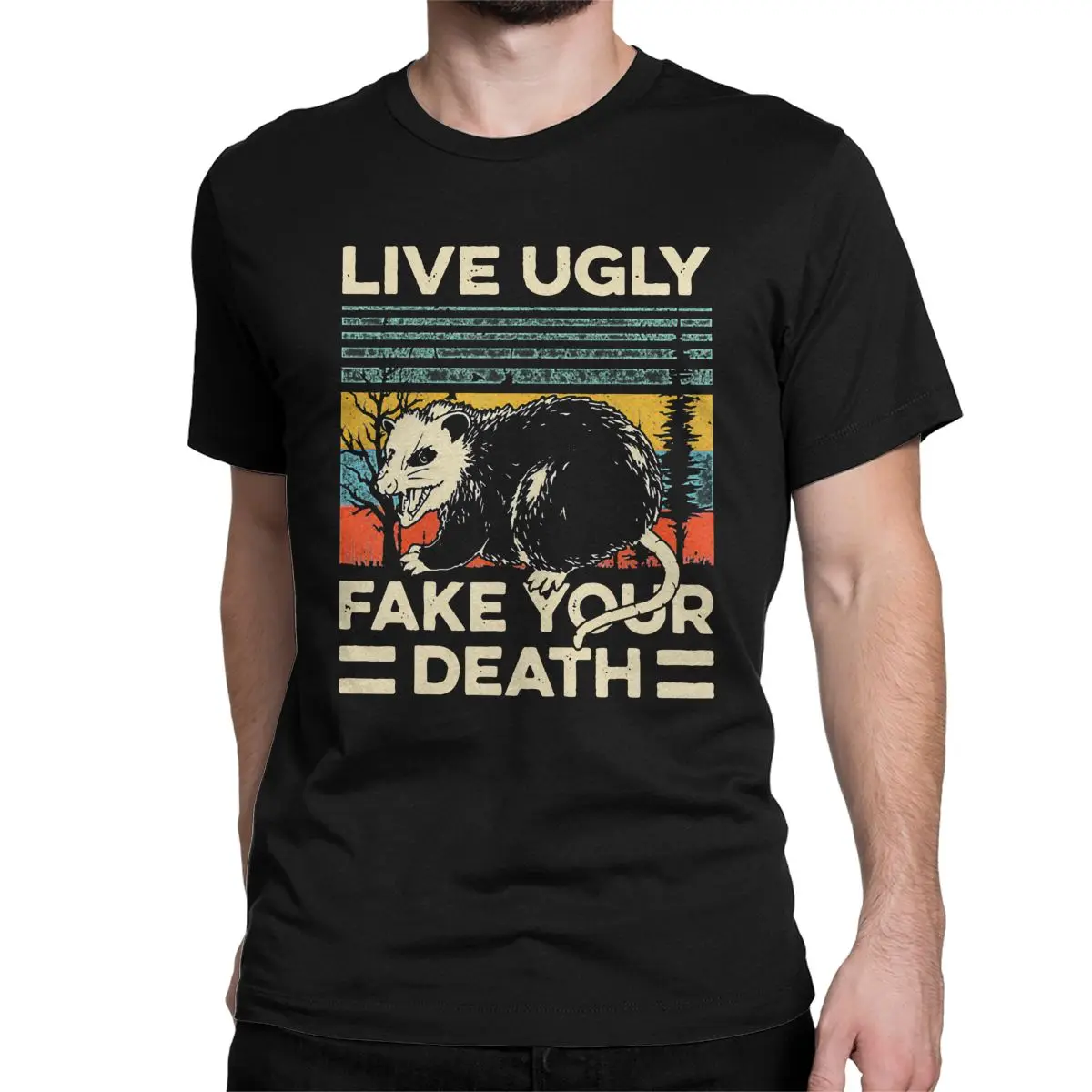 Men\'s T-Shirts Live Ugly Fake Your Death Retro Opossum Crazy Pure Cotton Tees Short Sleeve T Shirt Crew Neck Tops Plus Size