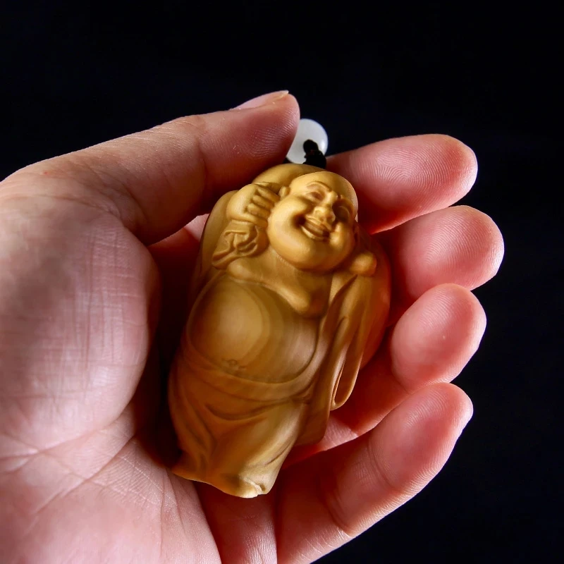 

Boxwood 6cm 8cm Maitreya Sculpture Wood Laughing Buddha Statue Metteyya Pendant Home Decor