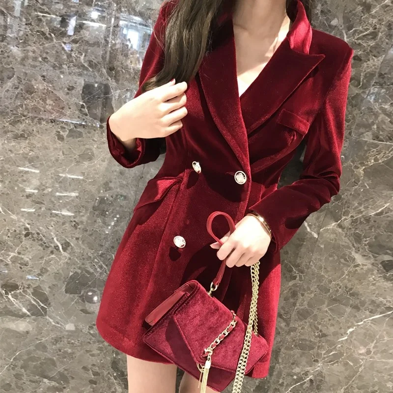 Ladies Office Velvet Double Breasted Suit Coat Spring Elegant Wine Red Casual Jacket Fashion 2022 Female Slim Fit Business Suits