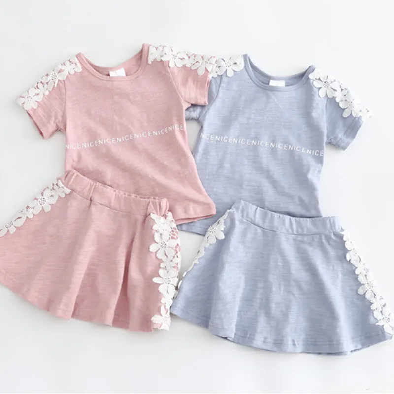 2025 Summer 2 3 4 6 8 10 Years Kids Letter Print Short Sleeve Suits Lace Flower Patchwork T-Shirt+Skirt Girl Sports Clothing Set