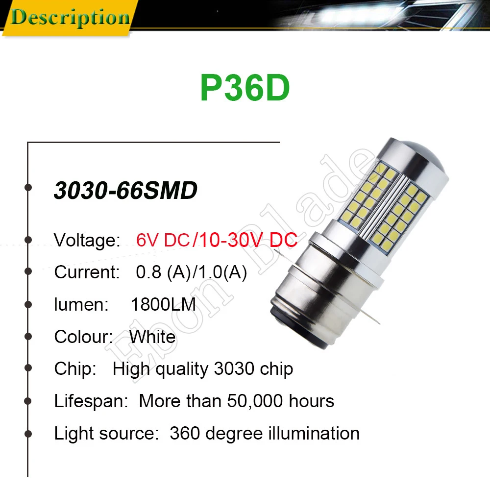 2Pcs P36D LED Motorcycle Headlight 3030 66SMD With Projector White 6000K Light Bulb For Motorbike Motor High Low Beam 6V 12V 24V