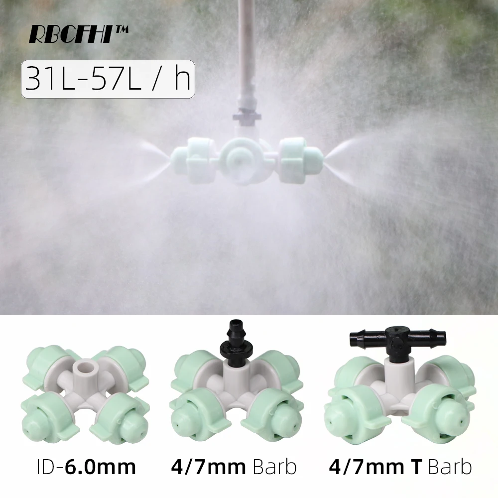 

RBCFHI 5PCS 31-57L /h Misting Cross Nozzles Greenhouse Humidifier Four Outlet Mist Fogger Sprinkler Irrigation Watering Cooling