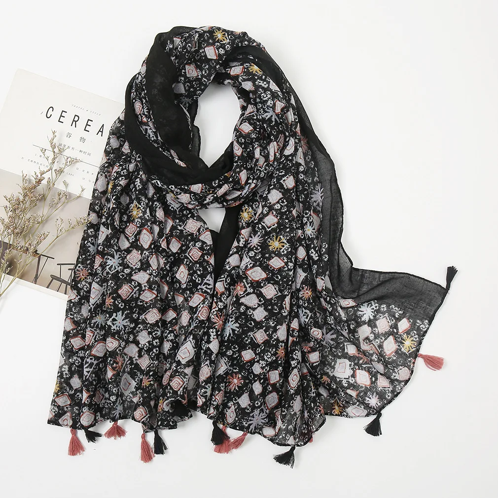 

2021 Newest Geometry Print Tassel Scarf Shawls Long Soft Floral Pattern Scarves Hijab Wrap