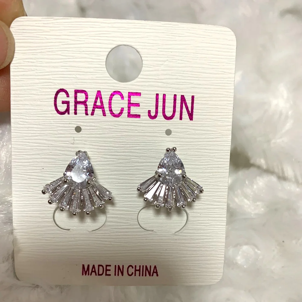 GRACE JUN Top Quality AAA Cubic Zircon Heart Teardrop Geometric Clip on Earrings No Pierced Luxury Charm Ear Clip Hypoallergenic