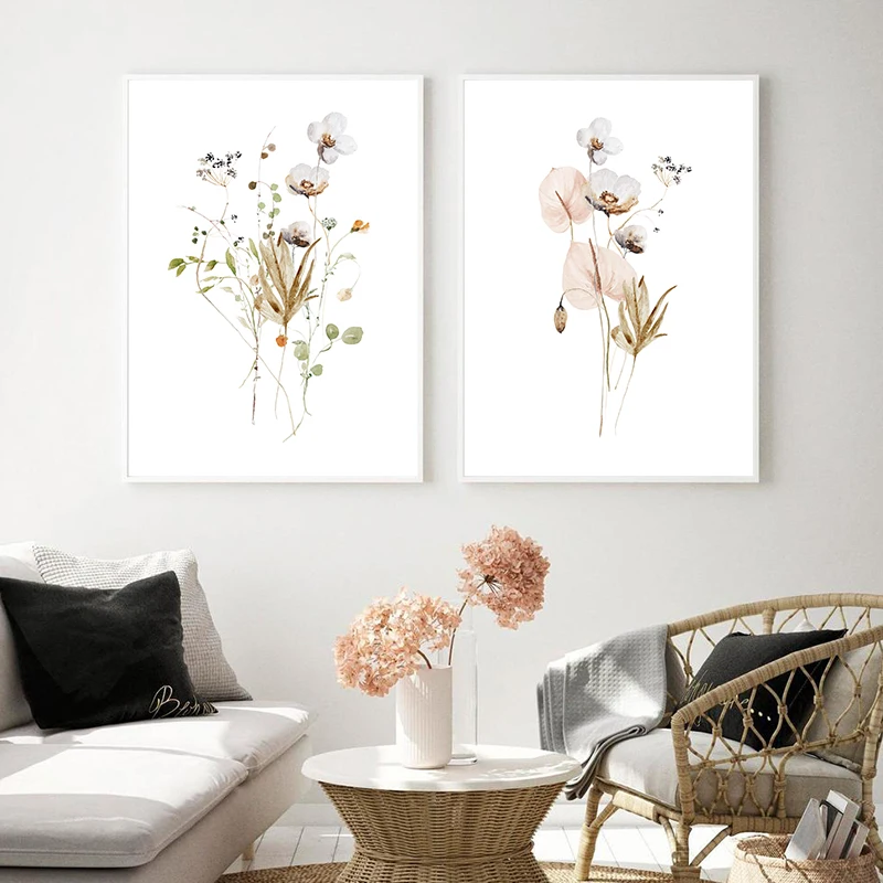 Floral Bouquet Watercolor Art Painting Japanese Ikebana Flowers Wall Pictures Minimalist Poster Canvas Print Bedroom Home Decor