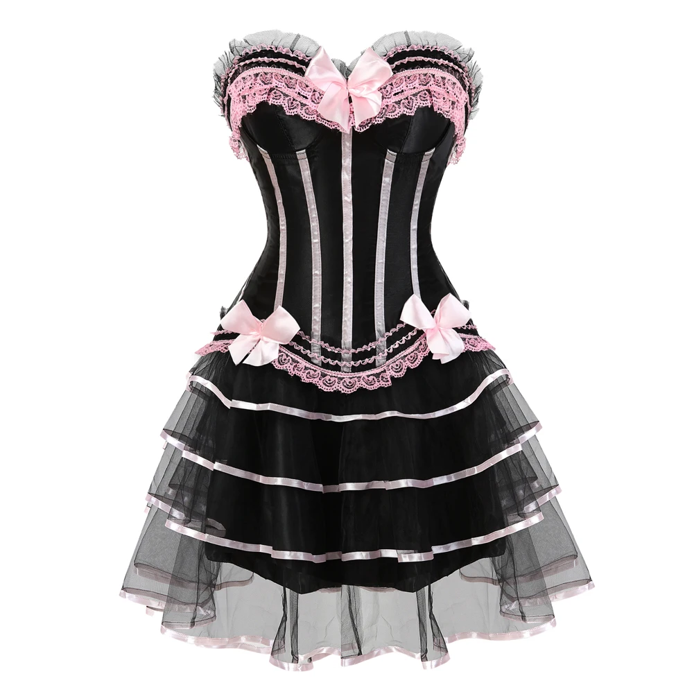 Sexy Pink Corsets for Women Plus Size Costume Overbust Vintage Corset Dress Set Tutu Corset Victorian Corset Skirt Lace