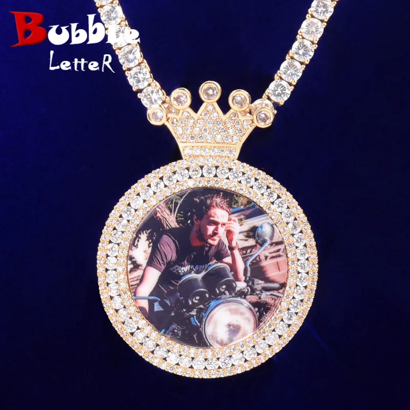 Bubble Letter Custom Photo Necklace for Men Picture Memory Crown Micro Pave Charms Gold Color Plated Hip Hop Rock Jewelry