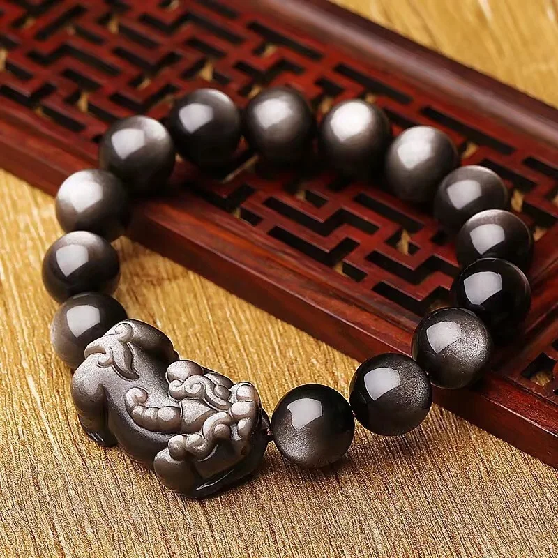 Natural Silver Obsidian Flash Light Pi Xiu Bracelet Pendant Rare Women Men Stretch Round Beads Crystal 10mm 12mm 14mm AAAAA