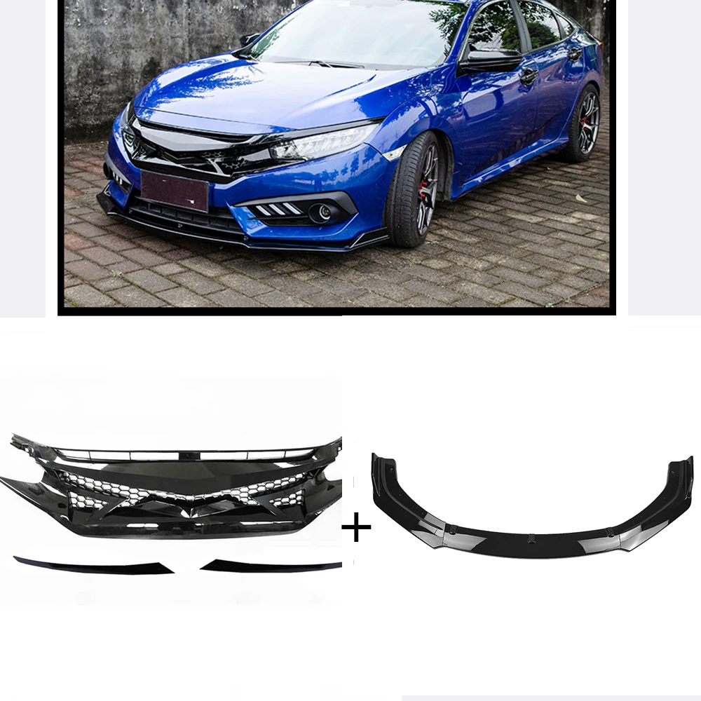 

For Honda Civic 10th Gen 2016-2018 Black Front Upper Grille Grill Hood Mesh+Lower Spoiler Bumper Splitter Lip Board Car Body Kit