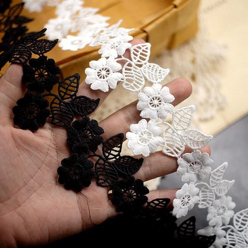 5CM Wide Exquisite White Black Water Soluble Embroidered Ribbon Flowers Lace Polyester Guipure Applique Fabric Sewing Trim Decor