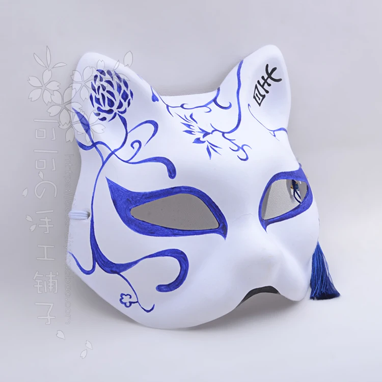 Custom Fox Cat Masks Hand-Painted Japanese Style Cos Anime Solid Color Blue and White Porcelain Handmade mask Cosplay Ball Face