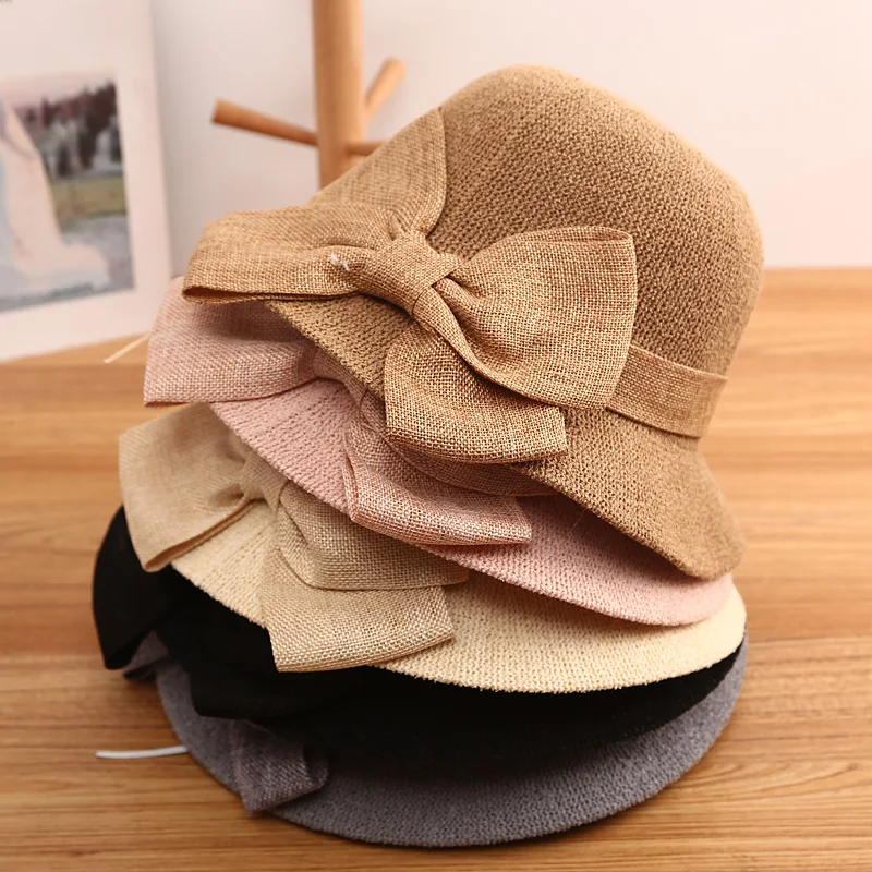 2021 fashion summer Women\'s bucket hat Straw made Bow hand-made straw hat foldable parent-child Panama hat children beach sun vi