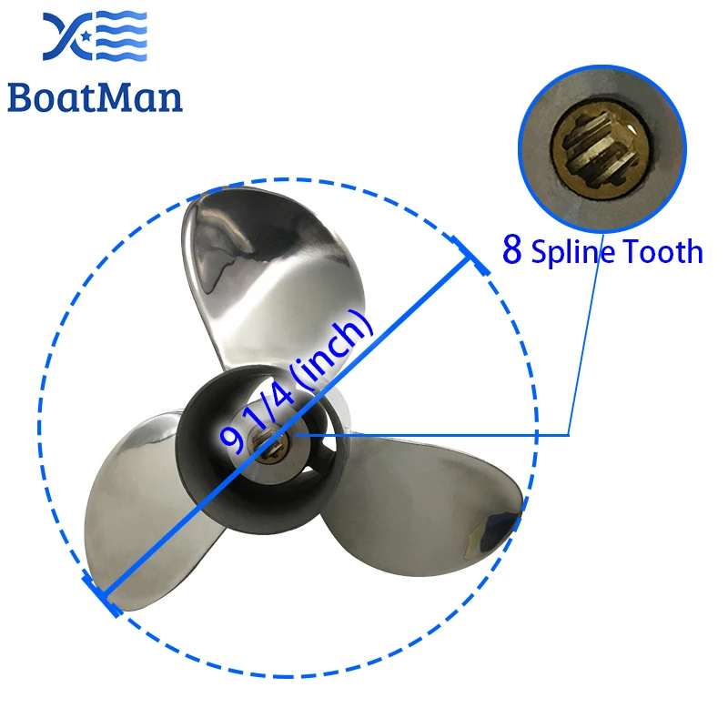 BoatMan® 9 1/4x7 Stainless Steel Propeller For Honda 8HP 9.9HP 15HP 20HP Outboard Motor 8 Tooth Engine Boat Part 58133-ZV4-007AH