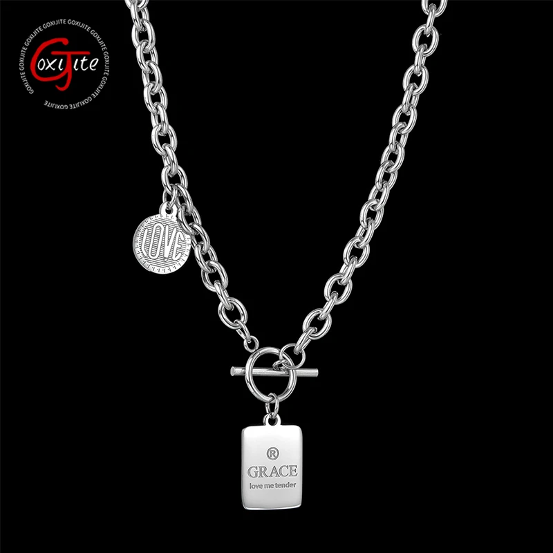 Goxijite Trendy Square Brand Round Brand Word Chains On Neck For Women Stainless Steel Charming Necklaces Gift Drop Shipping