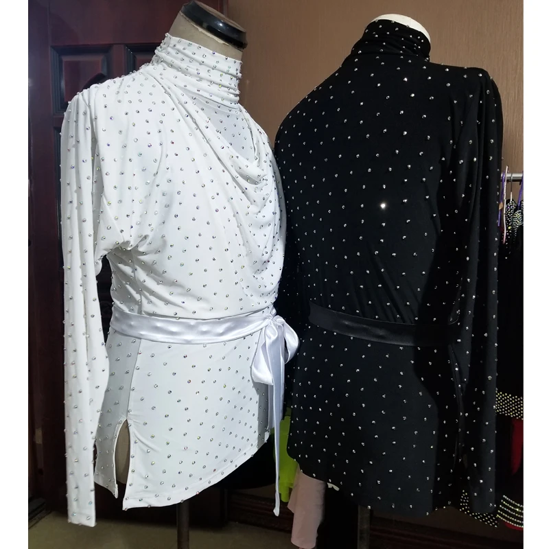 Latin Dance Costume Men Rhinestone Tops High Collar Ballroom Dancing Competition Shirt Long Sleeves Samba Salsa Clothes DNV13902