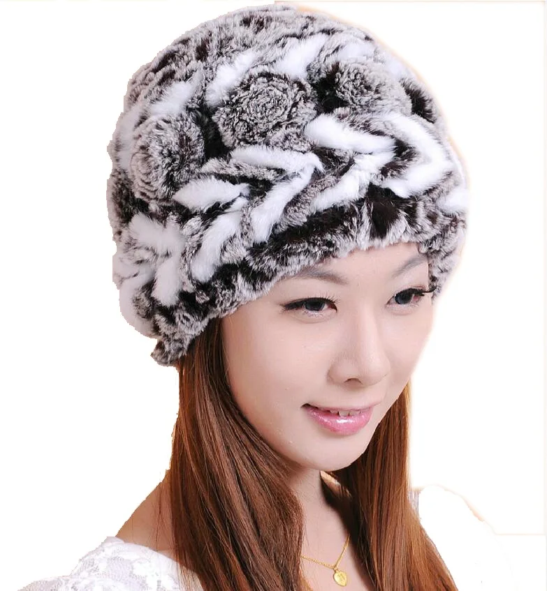 

2020 Genuine Knitted Rex Rabbit Fur Hat Winter Lady Floral Cap Female Headgear Women Fur Beanies