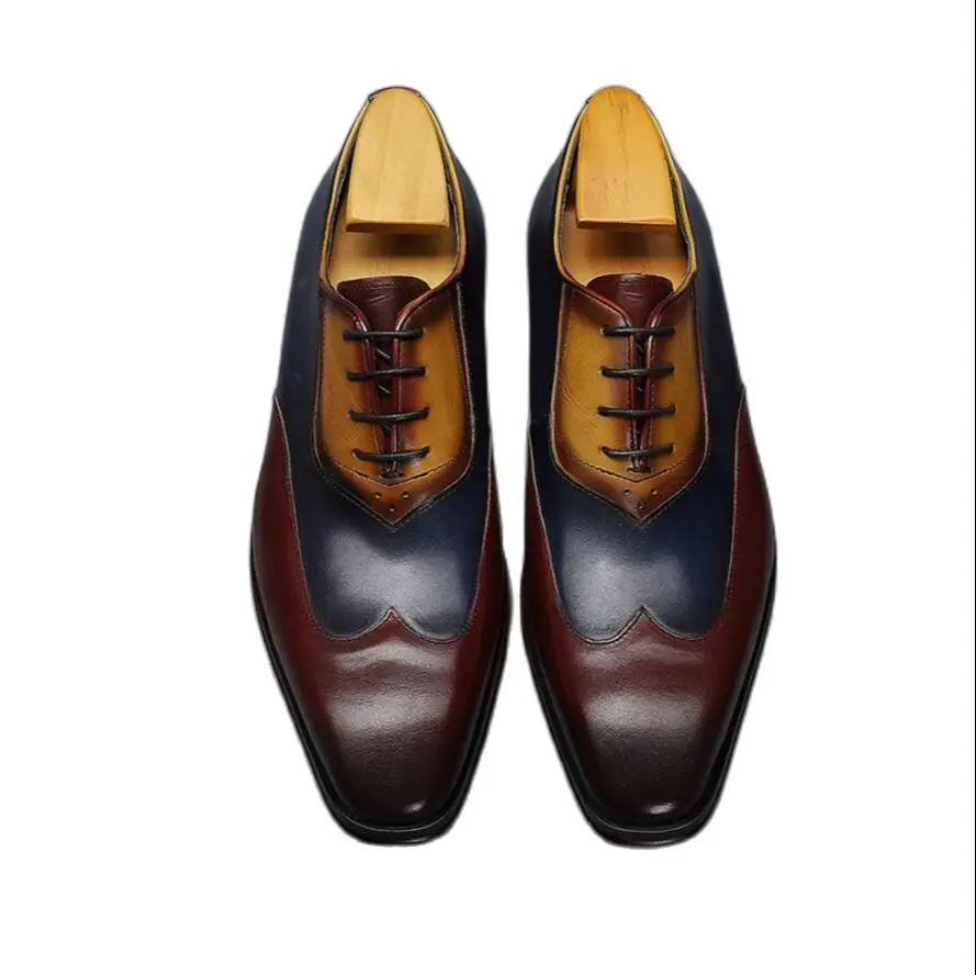 Sipriks Fashion Genuine Lether Men's Shoes Red Brown Navy Blue Yellow Patina Oxfords Dress Shoes Itlaian Formal Tuxedo Social 46