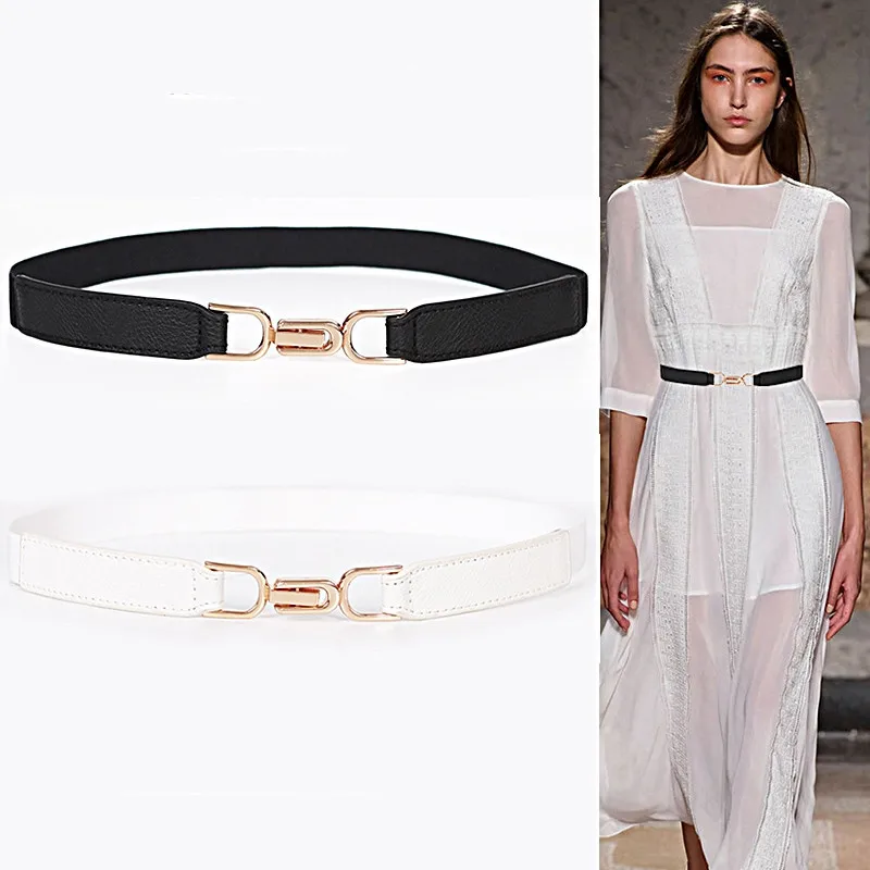 Novo design cintos elásticos de cintura finos pretos com fivela dourada longa para mulheres vestido branco moda cintura com vedação para presente